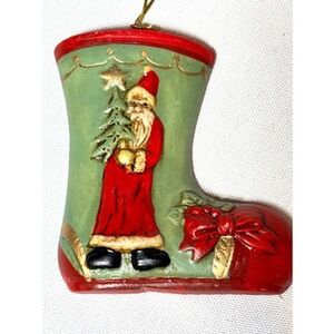 Vintage Stocking hand painted Old world Santa Ceramic Christmas Ornament